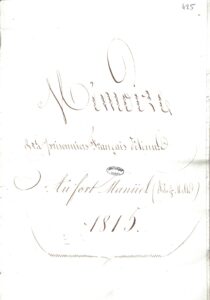 Ms Masson 8-f425 : Mémoire des prisonniers français détenus au fort Manüel (île de Malte), 1815, page de titre (Ms Masson 8, f° 425)